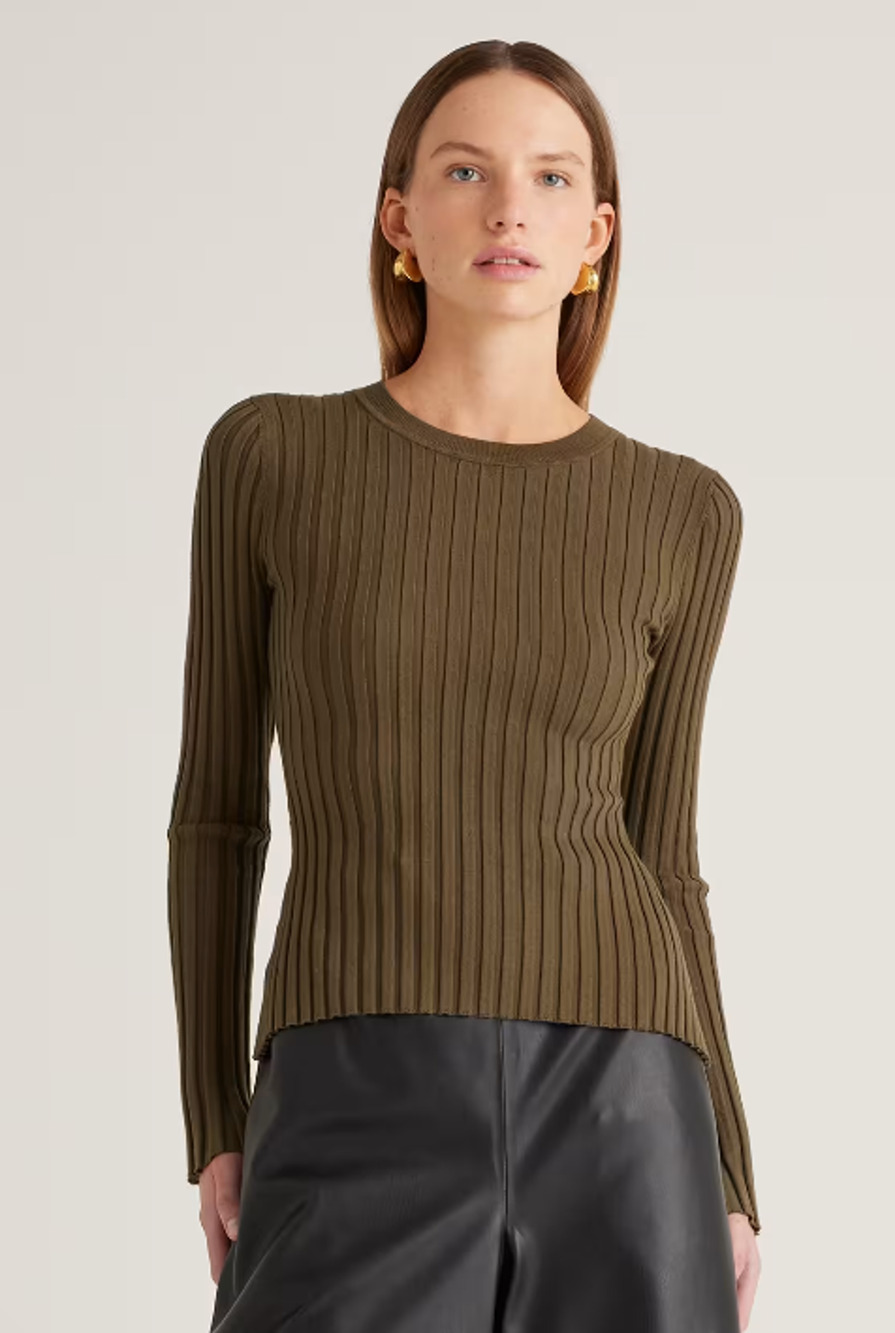 Quince Cotton Cashmere Ribbed Long Sleeve Sweater Womens Large Olive Green d